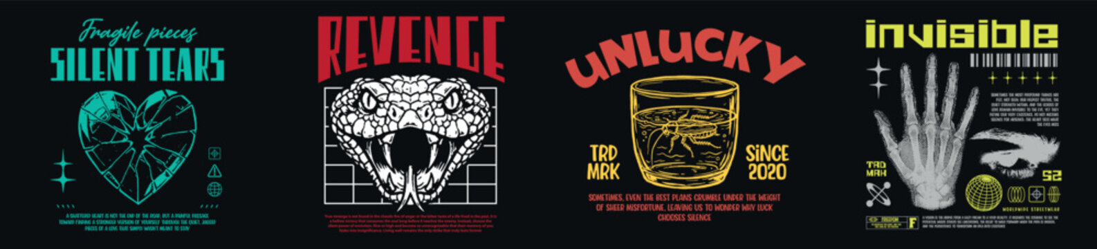 Sreetwear collection graphic designs featuring dark themes and bold typography.