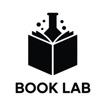 Black book lab logo design with test tube and bubbles isolated.