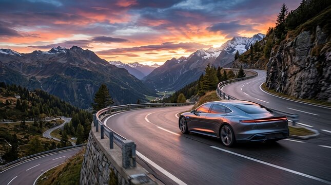 Car on Scenic Mountain Road at Sunset Driving Experience