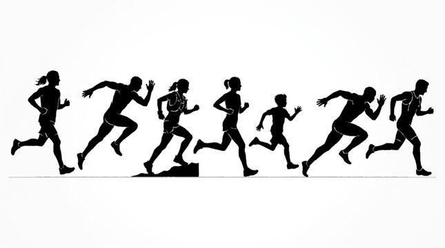Silhouetted runners in motion capturing dynamic energy and movement vector style with minimalistic design isolated on white background