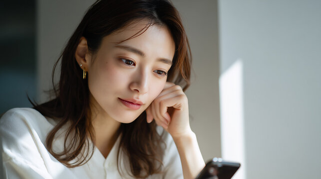 Close up portrait of a serious Japanese woman looking down at her smartphone screen