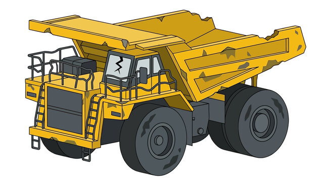 A large yellow mining dump truck with a cracked windshield, isolated on a white background.