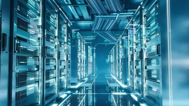 Futuristic server room with blue glowing lights and rows of computer equipment