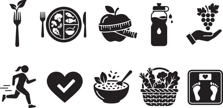 Set of healthy diet and nutrition icons in black silhouette style. Symbols for weight loss, portion control, and balanced eating isolated on white.