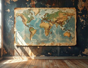 Naklejka premium Vintage world map hanging on weathered wall with peeling paint and sunlight hitting the wooden floor in rustic room interior