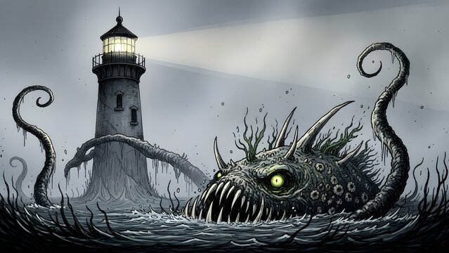 A monstrous sea creature with glowing green eyes and sharp teeth emerges from the dark water to attack a solitary lighthouse at night