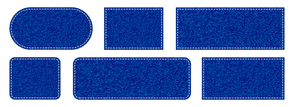 Blue denim fabric patch label set with white stitching