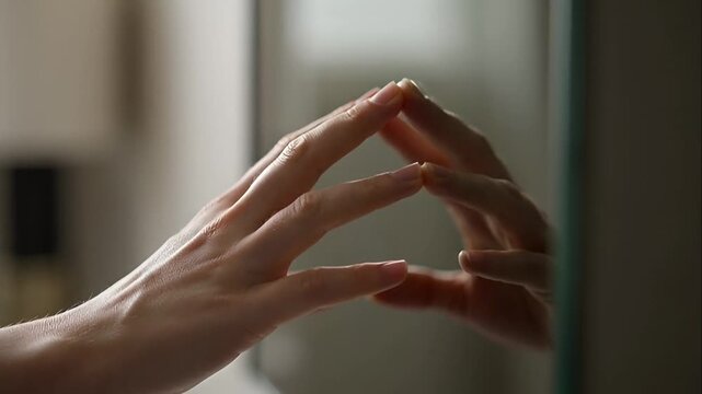 Hands touching glass surface closely.