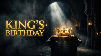 King's Birthday cinematic poster, golden royal crown on stone pedestal, majestic medieval throne room with dramatic light rays and smoke