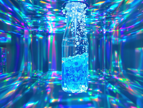 futuristic glass bottle with sparkling blue liquid and holographic bac