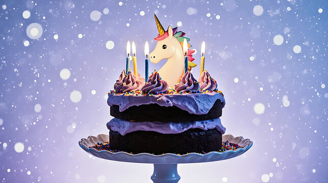 unicorn purple birthday cake with candles isolated