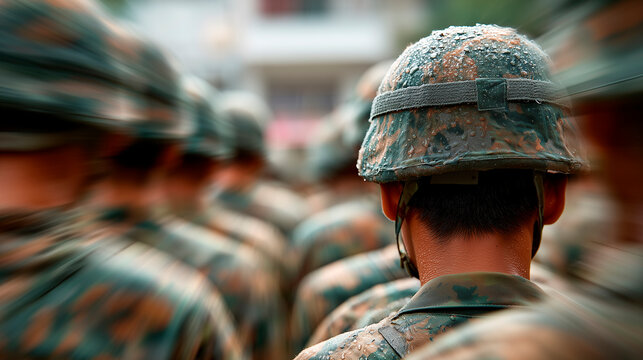 Rear view of Taiwanese soldiers in camouflage uniforms standing in formation during basic training.