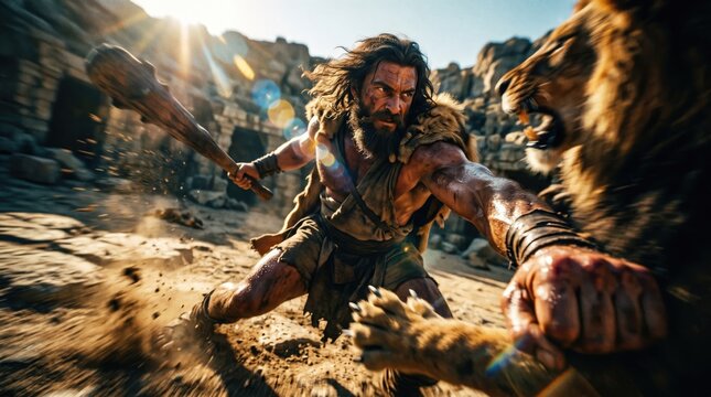 Hercules Fighting the Nemean Lion in an Epic Battle of Strength and Courage, Inspired by Ancient Greek Mythology and Heroic Legend.