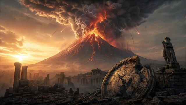 Long-dormant volcano eruption with time symbolism showing centuries of silence broken in geological awakening