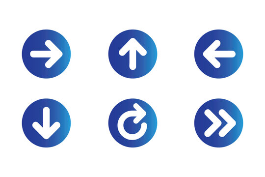 Six blue circular buttons with white arrow symbols for website user interface and navigation design.