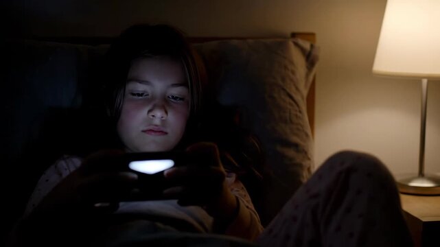 Child Using Phone in Bed at Night - A young girl is lying in bed in a dimly lit room, illuminated by the screen of her phone.