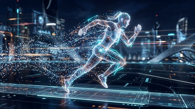 Female hologram sprinter with futuristic motion trail