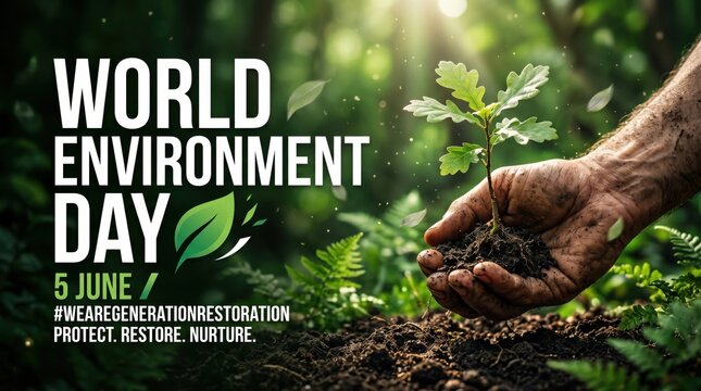 World Environment Day banner for June 5, hand planting a young oak tree sapling in soil, generation restoration concept for forest conservation