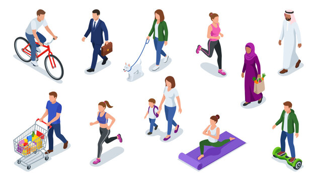 Isometric people vector characters performing outdoor activities | Diverse men women and kids in urban motion set | Professional 3D flat illustration