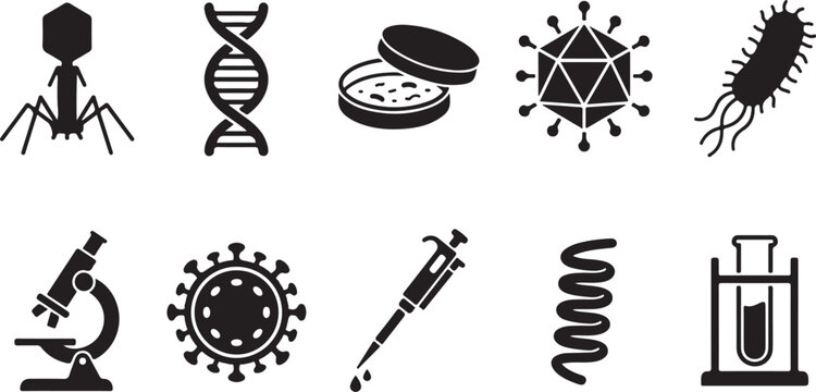  Vector silhouettes of laboratory and biotechnology symbols. Microbiology icons including DNA, virus, bacteria, and microscope isolated on white.