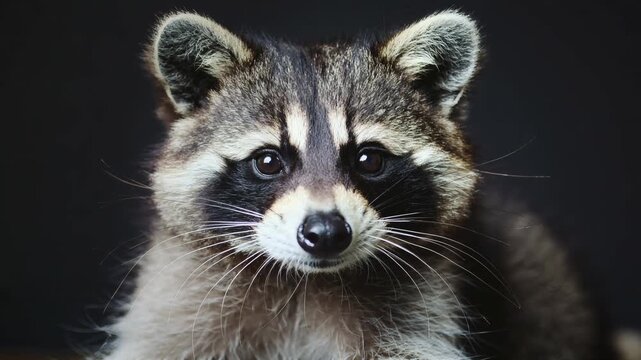Close-up portrait of a wild raccoon looking at camera against black background