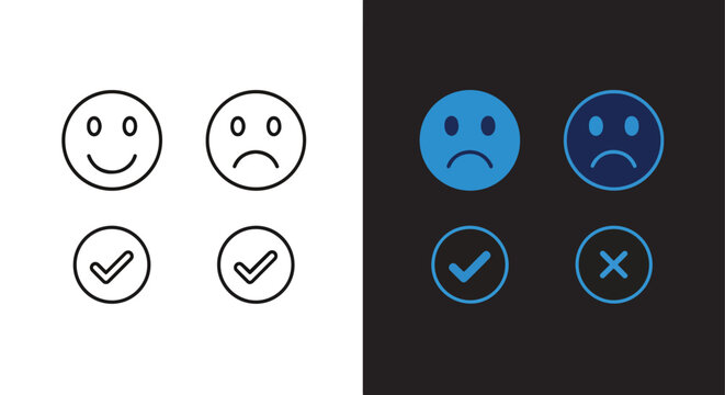 Vector emotion face icons with check and cross symbols - Line and glyph solid icon and logo template - Clipart, sticker - icon set