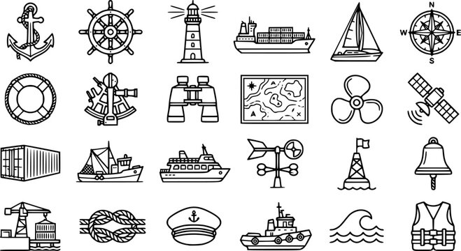 Professional nautical and maritime line icon set featuring ship anchors steering wheels lighthouse cargo containers navigation compass sailing vessels and marine transport symbols vector 