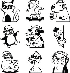 Obraz premium Set of cute funny animals cartoon characters including a cool cat a skating dog a cow and a sloth in a black and white hand drawn vector illustration style