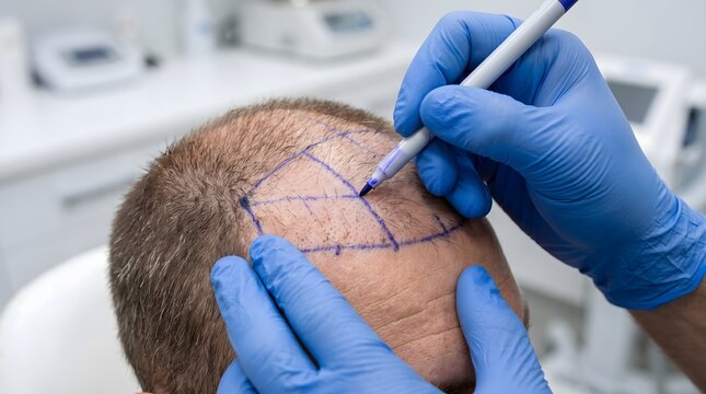 Close up of surgeon marking hairline before hair transplant procedure
