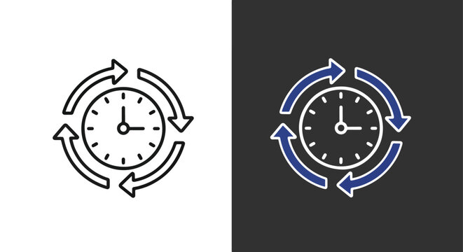 Vector clock icons with circular arrows rotating - Line and glyph solid icon and logo template - Clipart, sticker - icon set