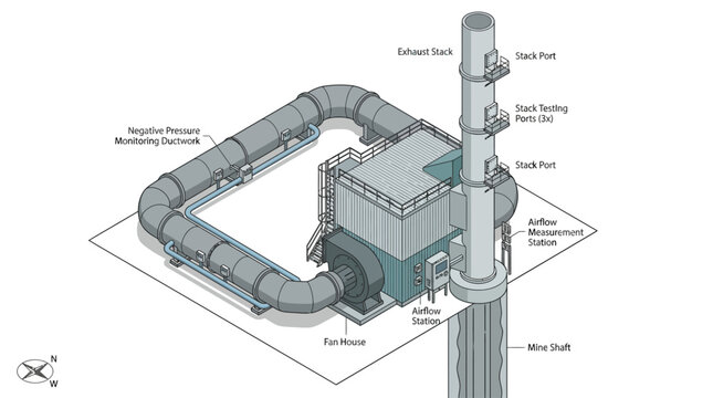 Diagram of an industrial exhaust stack system with airflow measurement and monitoring equipment.
