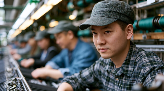 Textile mill operation crowd scene, a row of workers in matching caps threading loom heddles in coordinated motion, overhead fluorescent light bouncing off synchronized shuttles mid-weave, perfect f