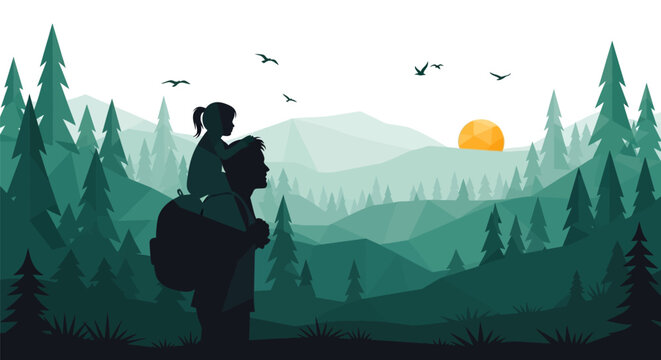 Silhouette of a father carrying his young daughter on his shoulders.