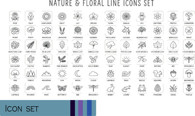 Print Nature and Floral Line Icons Set - Minimalist Vector Botany and Outdoor Symbols © Rahim