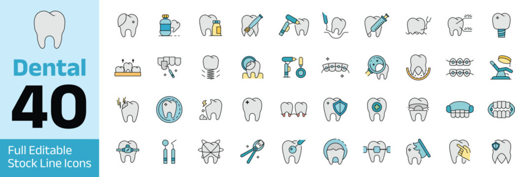 Dental Line Icons Set Dentistry, Orthodontics & Oral Care Editable EPS Vector Collection