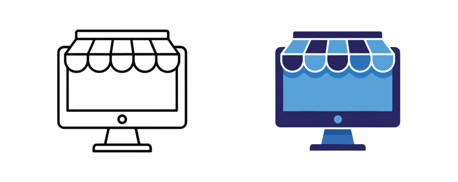 Vector computer monitor icons with awning design - Blue icon set - Modern style icon  - Glyph and solid icon set - Icon vector