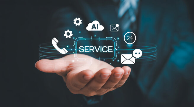advanced ai customer service and digital support concept with professional hand holding futuristic virtual interface showing 24/7 automated assistance icons