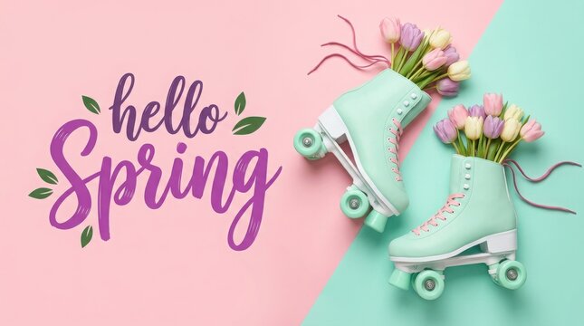 m Retro mint roller skates with spring tulip flowers, Hello Spring text on pink and turquoise background, vintage aesthetic seasonal concept