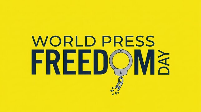 m World Press Freedom Day typography on yellow background, broken handcuffs symbol for journalism liberty, global media rights and speech advocacy