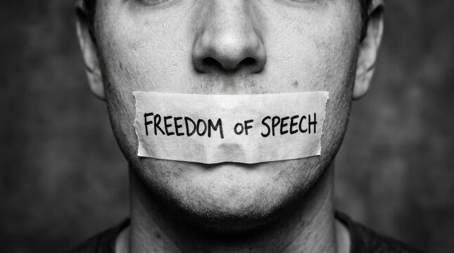 m Freedom of speech concept with tape over mouth, censored man with freedom of speech text, human rights and censorship protest in black and white