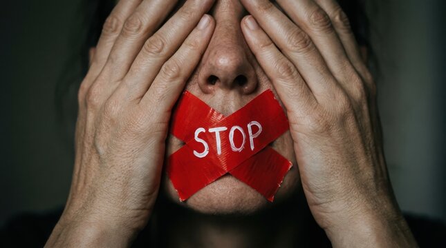 m Censored woman with red stop tape over mouth, silenced female covering eyes in fear, concept of domestic violence and human rights suppression