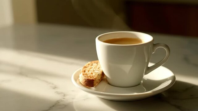 Coffee and Biscotti on Marble Countertop - A white cup of espresso rests on a saucer with an almond biscotti on a marble countertop.