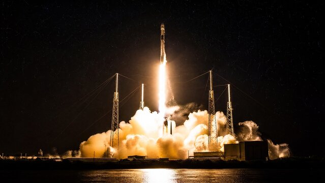 Nighttime rocket launch with fiery exhaust plume against starry sky, capturing powerful moment.