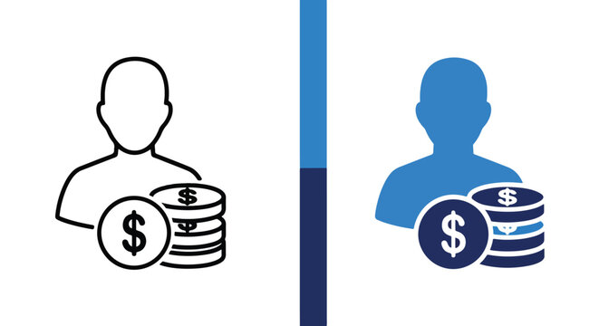 Vector icons of person carrying money stacks - Line and glyph solid icon and logo template - Clipart, sticker - icon set