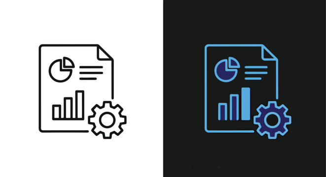 Vector analytics and settings icons with gear and graph - Minimalist, flat icon, outline, glyph, linear, clipart, sticker - icon set