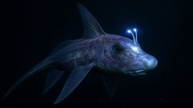 A deep-sea chimaera glowing with bioluminescent forehead lights in the dark ocean abyss.