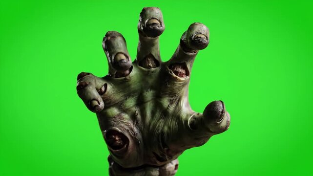 Creepy Zombie Hand on Green Screen - A decaying zombie hand is shown against a green screen background, ideal for visual effects compositing. The undead hand features exposed bone and rotten flesh.