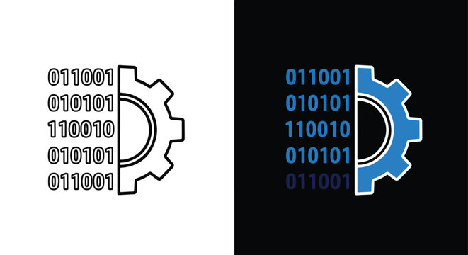 Binary code gear vector icon set - Line and glyph solid icon and logo template - Clipart, sticker - icon set