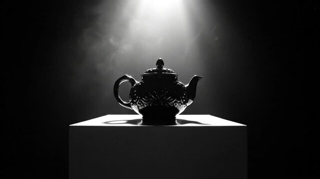 Dramatic black teapot silhouetted against spotlight and atmospheric fog, elegant artistic concept