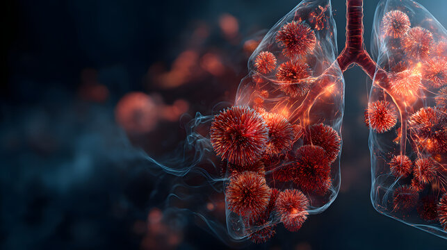 Inflamed lung infection virus particles respiratory infection lung inflammation microscopic pathogen pulmonary disease infection visualization medical illustration pathogen cluster alveoli damage